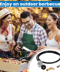 6.5 Ft Propane Regulator And Hose With 90 Degree Elbow Adapter For 17 And 22 Inch Tabletop Griddles, shown with people at barbecue