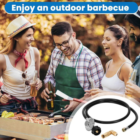 6.5 Ft Propane Regulator And Hose With 90 Degree Elbow Adapter For 17 And 22 Inch Tabletop Griddles, shown with people at barbecue