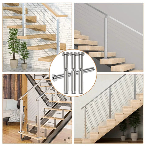 T316 Stainless Steel Invisible Cable Railing Kit With 3/16 Inch Cables And Swage Stud End Fittings For 2X2 Wood Or Metal Posts 50 Pack shown on stairs.