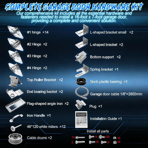Garage Door Parts Installation Bundle Kit For 16 By 7 Feet Overhead Doors With Brackets Cables Hinges Rollers Screws Bearings And Bolts Replacement Set For Quick Home Garage Repairs parts layout