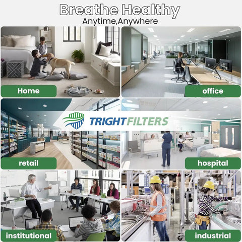 Collage showing air filter use in home, office, retail, hospital, institutional, industrial settings with Tright Filters logo.