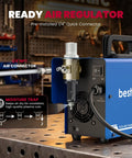 Dual Voltage 110 to 220V 50A Plasma Cutter air regulator and connector setup with moisture trap feature