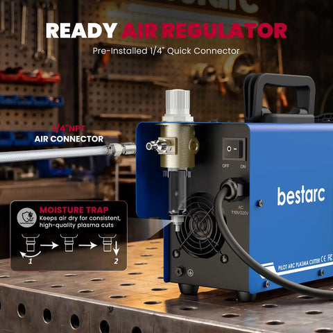 Dual Voltage 110 to 220V 50A Plasma Cutter air regulator and connector setup with moisture trap feature