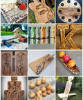 Lichtenberg wood burning designs on various objects including guitar, clock, and cutting board, showcasing intricate fractal patterns.