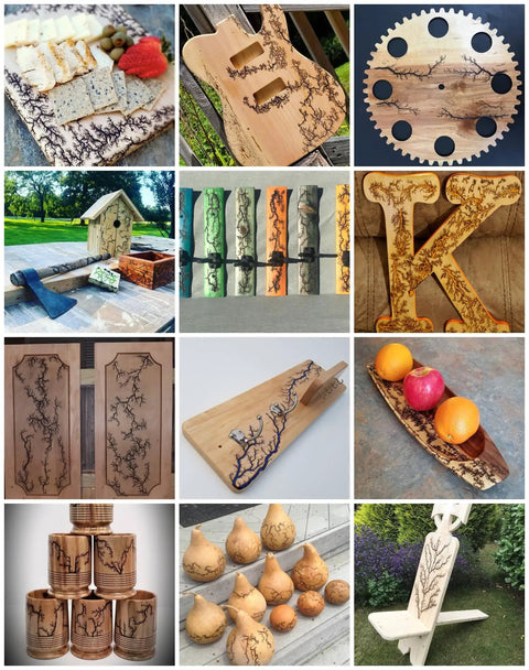 Lichtenberg wood burning designs on various objects including guitar, clock, and cutting board, showcasing intricate fractal patterns.