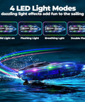 Two Pack RC Boat Set With LED Lights For Pool, Lake, River And Bathtub showing 4 LED light modes on water, night use.