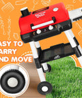 Epic Backyard BBQ Grill Playset For Kids With Smoke Sound And Lights, red and black grill on wheels, grass and wood floor