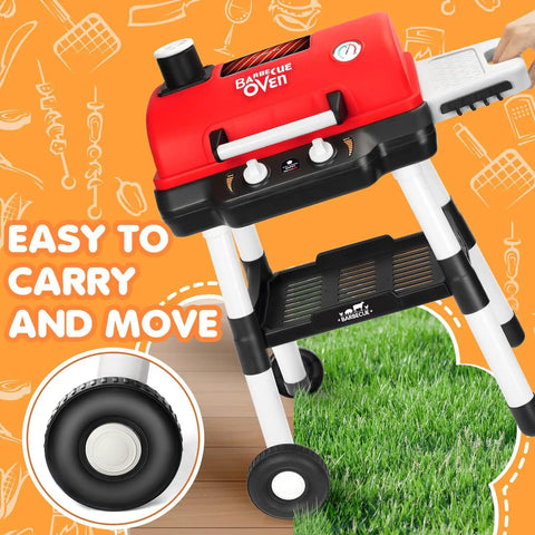 Epic Backyard BBQ Grill Playset For Kids With Smoke Sound And Lights, red and black grill on wheels, grass and wood floor