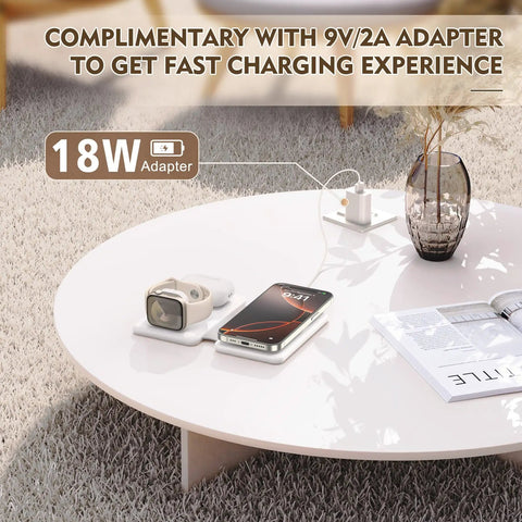 White Three In One Magnetic Wireless Charger Travel Station for iPhone 17 16 15 14 13 12 Pro Max Plus Watch AirPods on table