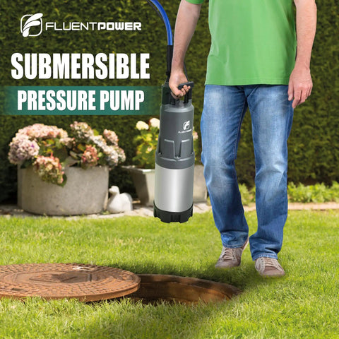 Person holding a Workhorse 1.5 HP Deep Well Submersible Water Pump for Home, Garden and Farm Irrigation, 115V next to a well cover