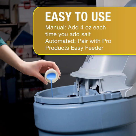 Hand pouring Res Care Liquid Water Softener Cleaner For Hard Water Systems Unscented 64 Oz into softener system