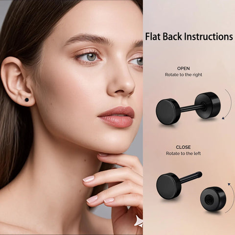 Straight Up Titanium Screw Back Stud Earrings Zero Drama For Sensitive Skin Medical Grade F136 Nickel Free Flatback Dot Design secure locking posts worn by a model.
