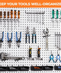 Extra Thick 220 Piece Pegboard Organizer Kit with Heavy Duty Black Pegboard Hooks, tools, and bins on a wall mount