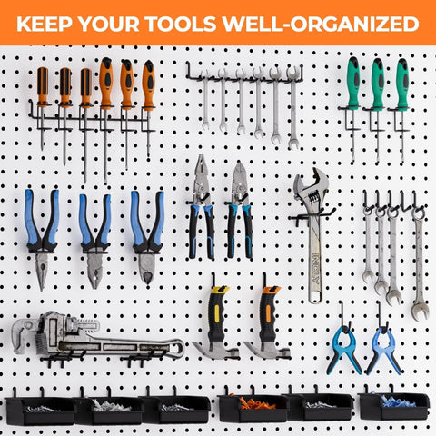 Extra Thick 220 Piece Pegboard Organizer Kit with Heavy Duty Black Pegboard Hooks, tools, and bins on a wall mount