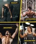 Collage of athletes using Heavy Duty Wrist Wraps And Lifting Straps For Weightlifting Men during deadlift, lat pulldown, bench press, and shoulder press.