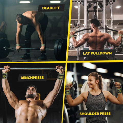 Collage of athletes using Heavy Duty Wrist Wraps And Lifting Straps For Weightlifting Men during deadlift, lat pulldown, bench press, and shoulder press.