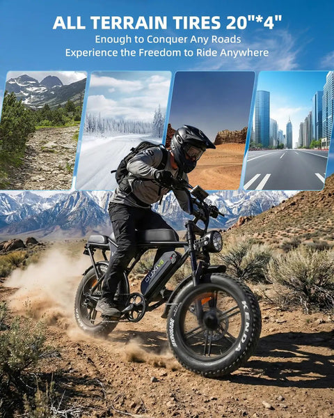 Rider on Beast 1000W Electric Bike for Adults with 20 inch wheels showcasing all-terrain capability on rocky off-road trail.