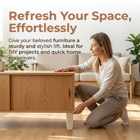 Person adjusting wooden furniture with solid wood sofa legs 6.7 inches for stability, ideal for quick home makeover.