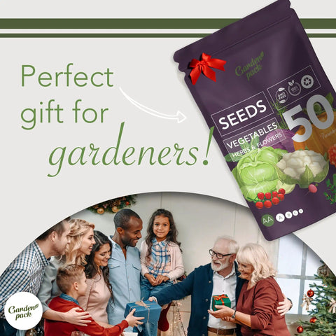 Package of "Dope Garden Seed Kit With 50 Veggie, Herb And Flower Varieties For Easy Planting, 25,000 Non GMO Heirloom Seeds, High Germination Rates, The Ultimate Gift For Men And Women Into Growing Their Own Food" with family exchanging gifts.