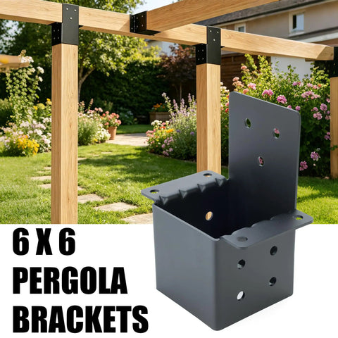 Beefed Up 6x6 Pergola Brackets Set With Inner 5.51 Inch Square, Carbon Steel 3/16 Inch Thick, Corner Support And Three Way Fixing For DIY Post And Beam Connections In Outdoor Gazebos Log Cabins Sunrooms Carports And Deck Railing