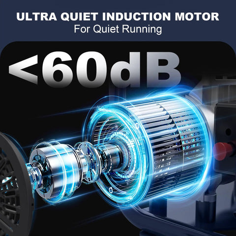 Pro Level 2 Gallon Air Compressor With 3/4 Hp Oil Free Pump And Whisper Quiet Under 60 Db Run shows ultra quiet induction motor.