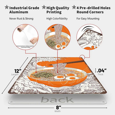 Vintage Ramen Wave Metal Tin Sign Wall Art 8x12 Inch features high-quality printing and pre-drilled holes for easy mounting.