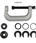 Upper Control Arm Bushing Press Kit For Easy No Hassle Removal And Installation Of Control Arm Bushings Without Damaging The Arm, Compatible With Most Rear Wheel Drive Vehicles From Chrysler Ford GM, Non Damaging Tool Set For Quick, Clean Install, showing all 9 components.