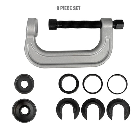 Upper Control Arm Bushing Press Kit For Easy No Hassle Removal And Installation Of Control Arm Bushings Without Damaging The Arm, Compatible With Most Rear Wheel Drive Vehicles From Chrysler Ford GM, Non Damaging Tool Set For Quick, Clean Install, showing all 9 components.