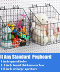 Two Pegboard Baskets Set With Hooks Large 12.4x7.5x12.8 Inches And Medium 11x5x12.6 Inches Includes Four 2 Inch Hooks For Garage Or Workshop Organization Black, installed with toys and plush animals stored