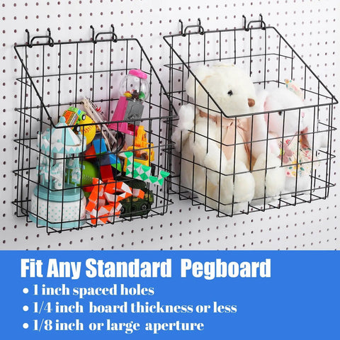 Two Pegboard Baskets Set With Hooks Large 12.4x7.5x12.8 Inches And Medium 11x5x12.6 Inches Includes Four 2 Inch Hooks For Garage Or Workshop Organization Black, installed with toys and plush animals stored