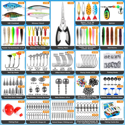 Fishing Tackle Box With Tackle Included 373 Piece Lures Kit With Removable Tray Pliers Weights Hooks And Accessories Display