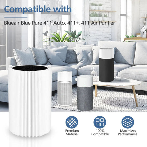 Replacement Particle And Activated Carbon Filters For Blue Pure 411 411 Plus 411 Auto And Mini Air Purifier in living room setting