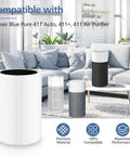 Replacement Filter Pack For 411 Series Air Purifiers displayed with Blue Pure 411 models in a living room setting.