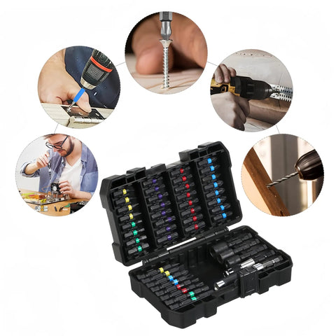 Impact Driver Bit Set 45 Piece Screwdriver Bit Set With Phillips Slotted Hex And Torx Heads shown with various use scenarios