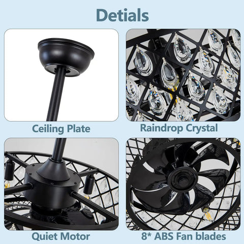 Details of Crystal Caged Fandelier With Remote Control Lights, Bladeless Ceiling Fan With Crystal Raindrop Framing.
