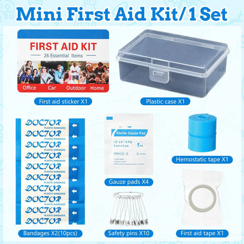 12 Pack Mini First Aid Kits Bulk Set With 26 Pieces Each In Sturdy Portable Case For Travel Car Home School Office And Sports Compact Grab And Go Safety Starter Kits showing contents and plastic case.