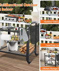 Stainless Steel Pizza Oven Table For Ooni And Other Grills Heavy Duty Outdoor Grill Cart With Wheels And Handle 32 By 24 Inch Three Shelf Food Prep Cart For Griddle Movable Outdoor Pizza Cart featuring multiple shelves and a variety of cooking tools.