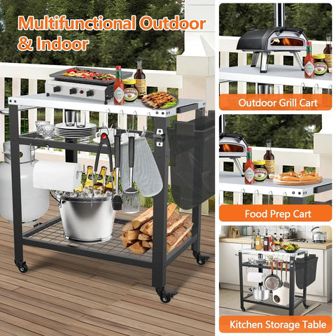 Stainless Steel Pizza Oven Table For Ooni And Other Grills Heavy Duty Outdoor Grill Cart With Wheels And Handle 32 By 24 Inch Three Shelf Food Prep Cart For Griddle Movable Outdoor Pizza Cart featuring multiple shelves and a variety of cooking tools.