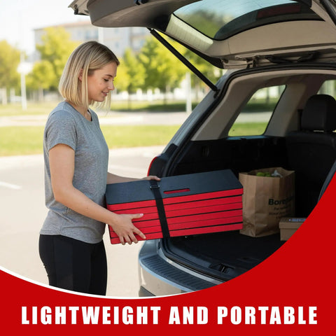 Person loading Foldable Mechanic Mat 46.46 Inches By 19.29 Inches Extra Large Beefy Heavy Duty Cushion Pad into car trunk
