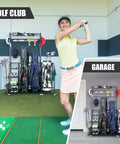 Garage Ready Golf Bag Storage Rack That Holds 3 Bags Up High With An Upper Shelf And 4 Removable Hooks in golf club and garage.