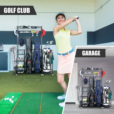 Garage Ready Golf Bag Storage Rack That Holds 3 Bags Up High With An Upper Shelf And 4 Removable Hooks in golf club and garage.