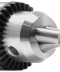 Close-up view of a keyed drill chuck 5/8 inch capacity with MT2 arbor taper, showing durable construction and easy jaw operation.