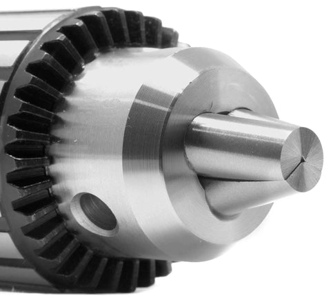 Close-up view of a keyed drill chuck 5/8 inch capacity with MT2 arbor taper, showing durable construction and easy jaw operation.