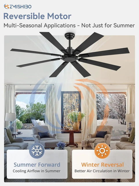 65 Inch No Light Ceiling Fan With Remote In Black, Large Indoor Outdoor Ceiling Fan With Quiet Reversible DC Motor in living room