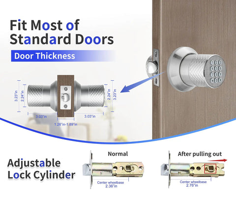 Keyless Entry Door Knob With Keypad For Home And Office, No Fuss Setup Electronic Code Lock With Auto Lock In 3 Seconds shown on a door.