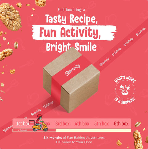 Box for 6 Month Kids Baking Subscription Kit With Pre Measured Ingredients, Step By Step Recipes, Bake Along Videos, And Hands On Learning For A Fun Gift For Boys And Girls.
