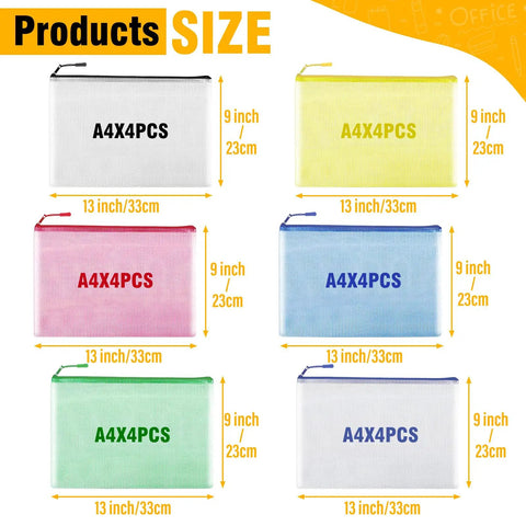 24 Pack Mesh Zipper Pouches For Organization A4 Size Document Bags Waterproof Storage Pouches For Office School Travel