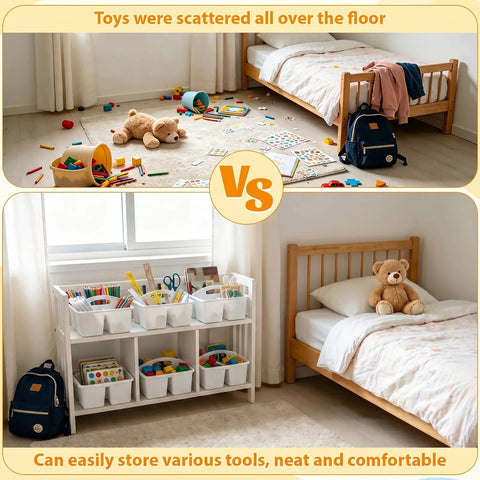Before and after of tidy room using Six Pack Three Compartment Plastic Classroom Organizer With Handle White Caddy for supplies