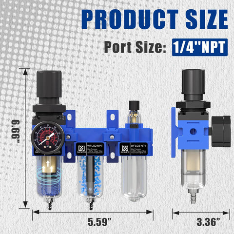 1/4 Inch NPT Air Filter Regulator Lubricator Combo With Water And Oil Separator, showing dimensions and blue metal bracket