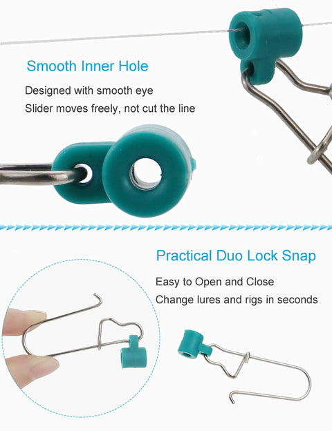 Close-up of Heavy Duty Fishing Line Sinker Slides For Catfish Rigs Saltwater Surf Fishing With Duo Lock Snaps and smooth inner hole.